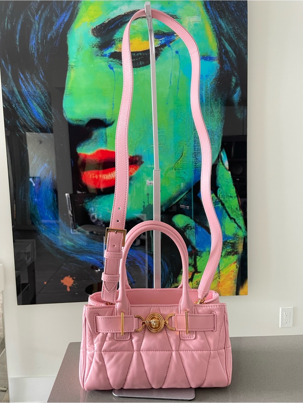 Versace Pink Quilted Shoulder & Top-Handle Bag with Gold-Tone Hardware
